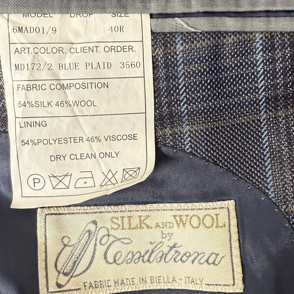 MaxDavoli Baroni Silk & Wool Tessilstona Blazer/Sports Jacket Blue Plaid Sz 40R
